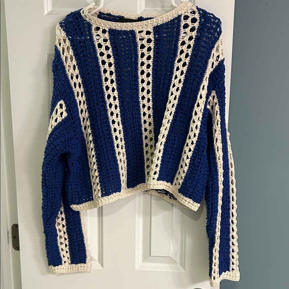 Zara Navy and Cream Crochet Sweater
